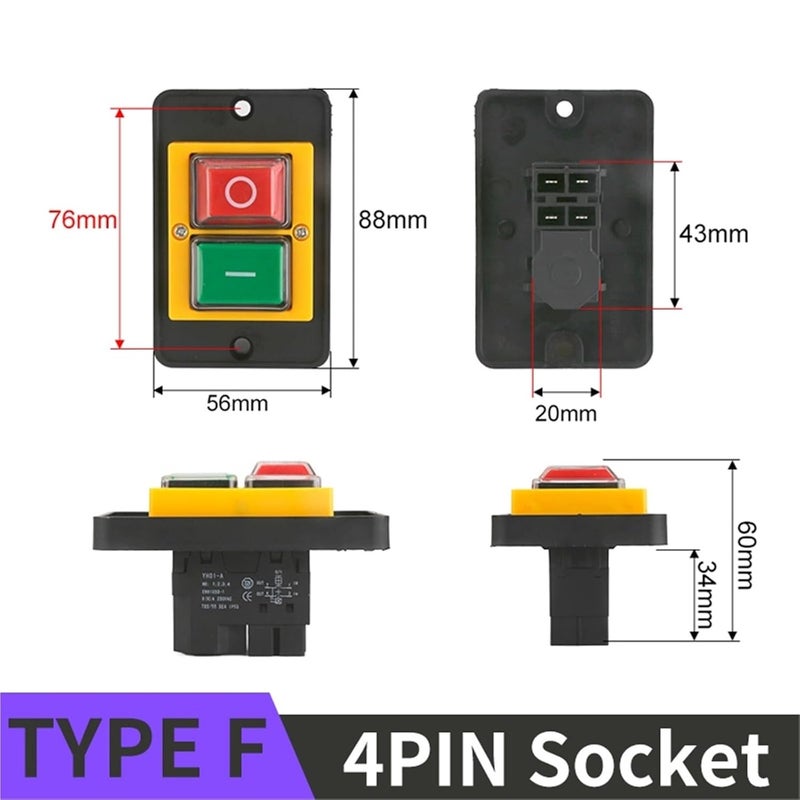 مقبس نوع F 4 دبابيس 220 فولت 15 أمبير مفتاح كهرومغناطيسي بدء زر ضغط لوحة كبيرة مقاومة للماء لمعدات آلات الأدوات - Image 3