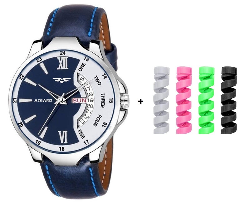 ASGARD Day & Date Feature Analog Multi Color Dial Men's Watch with Freebie USB Spiral Charger Cable Protector (Multi Colored Dial Blue Strap) - Image 1