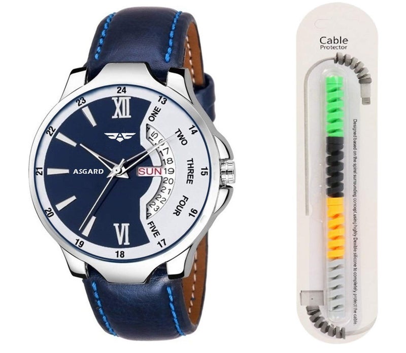 ASGARD Day & Date Feature Analog Multi Color Dial Men's Watch with Freebie USB Spiral Charger Cable Protector (Multi Colored Dial Blue Strap) - Image 2