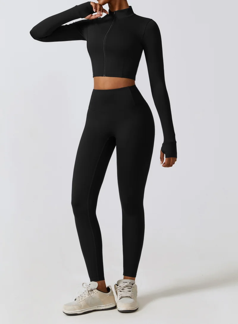Kawn.yoga Licorice Black Womens Fitted Cropped High-Neck Jacket for Women | Best Price UAE