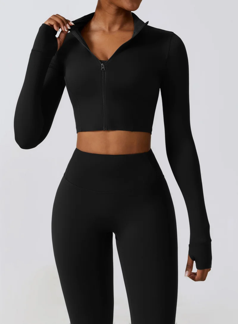 Kawn.yoga Licorice Black Womens Fitted Cropped High-Neck Jacket for Women | Best Price UAE