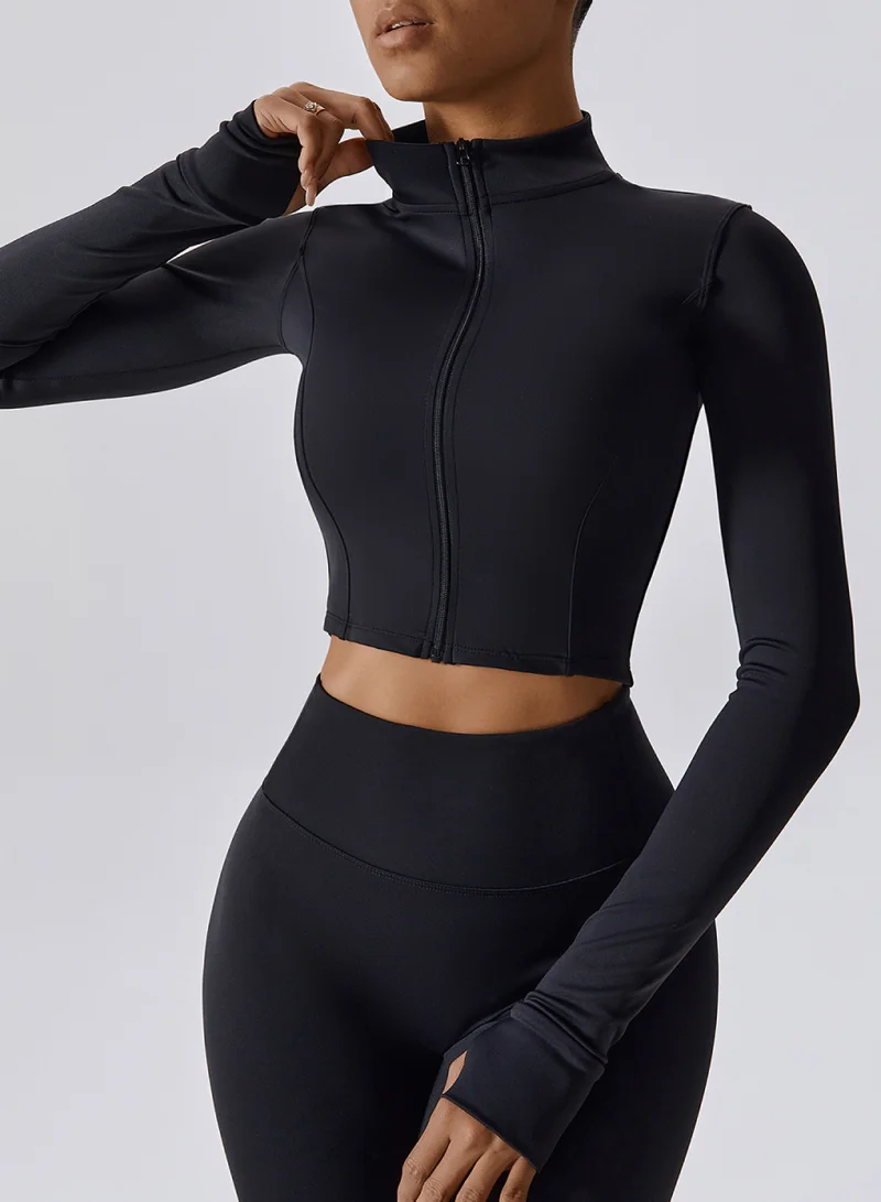 Kawn.yoga Licorice Black Womens Fitted Cropped High-Neck Jacket for Women | Best Price UAE