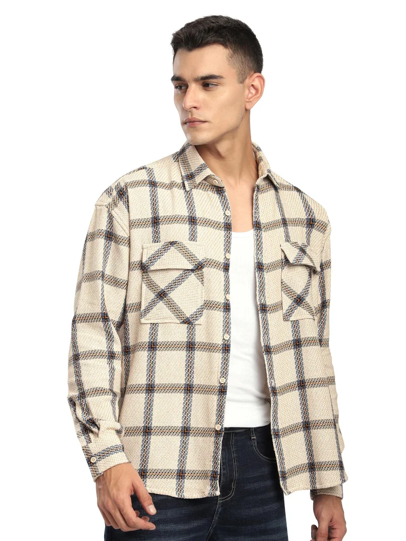 Beyoung Beige Cotton Flannel Overshirt