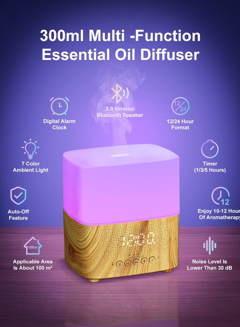 Excefore 300 مل موزع زيت عطري مع مكبر صوت بتقنية البلوتوث، ساعة منبه رقمية، 7 ألوان للضوء المحيط وموعد، ميزة الإيقاف التلقائي، مرطب ضباب العطر لغرفة كبيرة، مكتب، يوغا - Image 3
