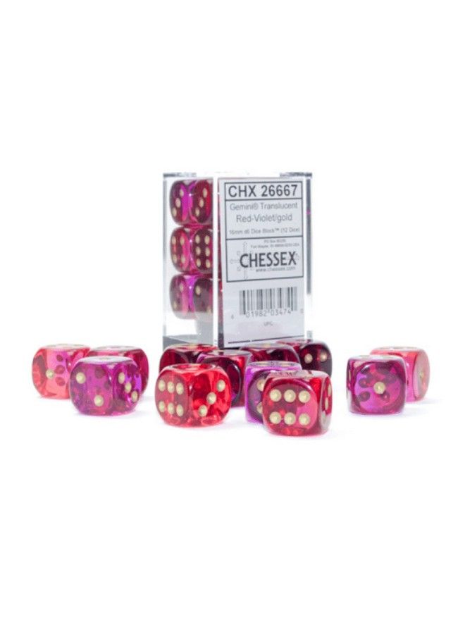 Chessex Gemini Dice Block ; Set Of 12 Size D6 Dice Designed For Board Games Roleplaying Games And Miniature Games ; Premium Quality 16 Mm Dice ; Translucent Red Violet And Gold Color ; Made By Chessex  - Image 2
