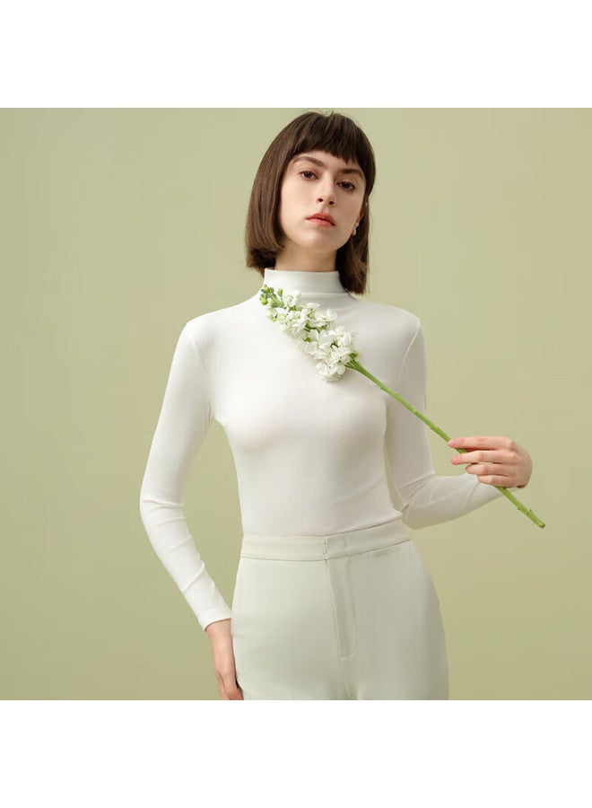 Montagut Women's Semi-turtleneck Slim Fit Base Layer Thin Long Sleeve Modal Cotton Top Spring Autumn White - Image 1