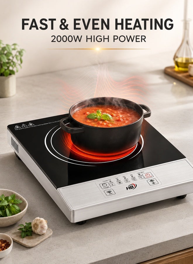 HB 2000W Infrared Cooker, Single-Burner Electric Hot Plate with Touch Control, 5 Power Levels, 120-Minute Timer and Easy-Clean Ceramic Glass for Boiling, Frying, Stewing and Warming – Silver/Black - Image 2