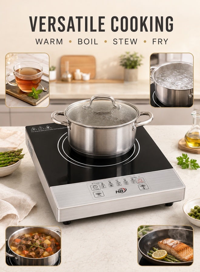 HB 2000W Infrared Cooker, Single-Burner Electric Hot Plate with Touch Control, 5 Power Levels, 120-Minute Timer and Easy-Clean Ceramic Glass for Boiling, Frying, Stewing and Warming – Silver/Black - Image 3