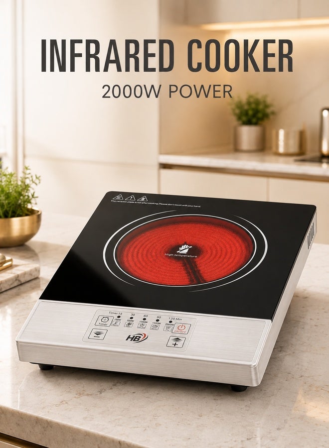 HB 2000W Infrared Cooker, Single-Burner Electric Hot Plate with Touch Control, 5 Power Levels, 120-Minute Timer and Easy-Clean Ceramic Glass for Boiling, Frying, Stewing and Warming – Silver/Black - Image 1