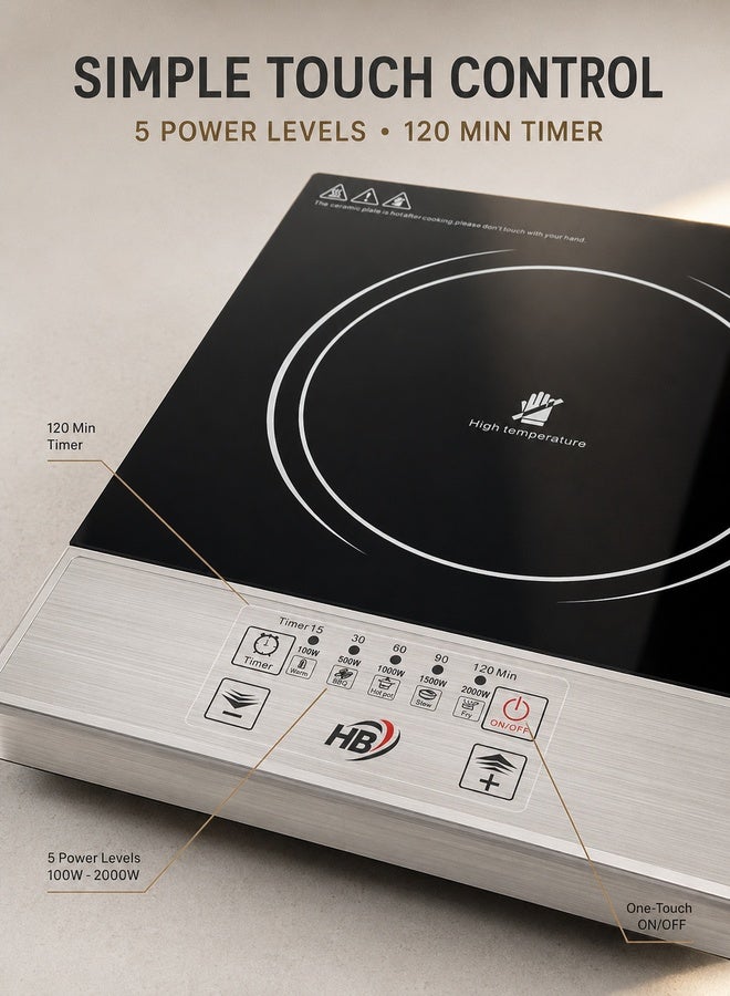 HB 2000W Infrared Cooker, Single-Burner Electric Hot Plate with Touch Control, 5 Power Levels, 120-Minute Timer and Easy-Clean Ceramic Glass for Boiling, Frying, Stewing and Warming – Silver/Black - Image 5