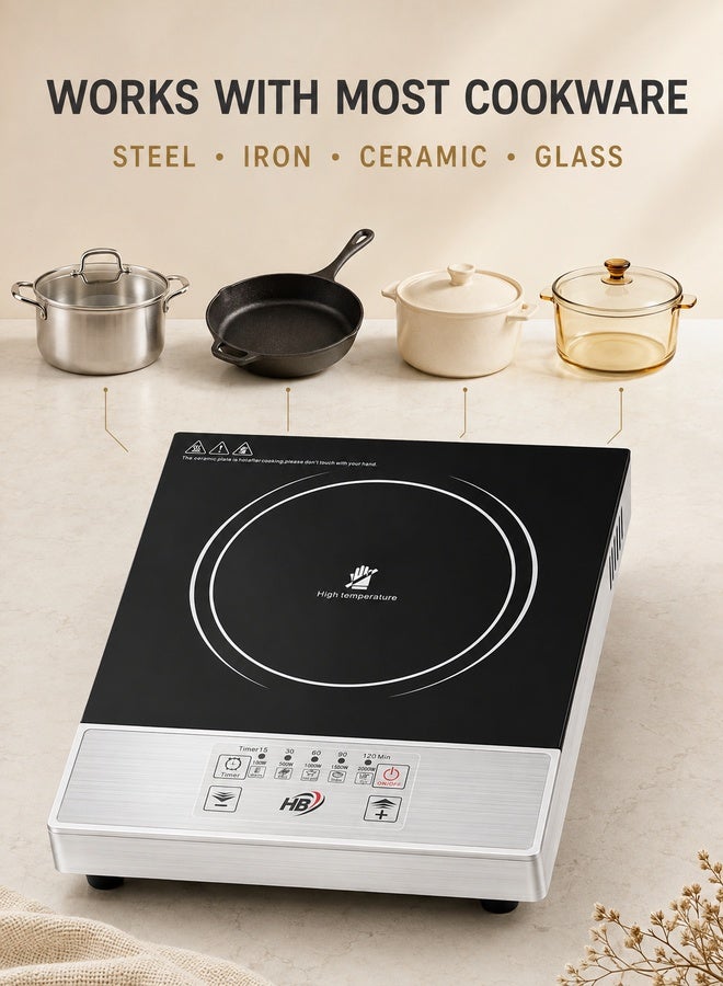 HB 2000W Infrared Cooker, Single-Burner Electric Hot Plate with Touch Control, 5 Power Levels, 120-Minute Timer and Easy-Clean Ceramic Glass for Boiling, Frying, Stewing and Warming – Silver/Black - Image 4