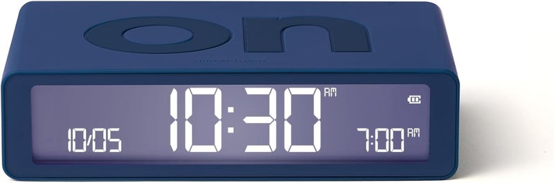 LEXON Flip Classic Luminous Morning Alarm Clock, Reversible with Faces on Off and Snooze Function, LCD Display and Touch Light, Rechargeable by USB-C - Dark Blue - Image 1