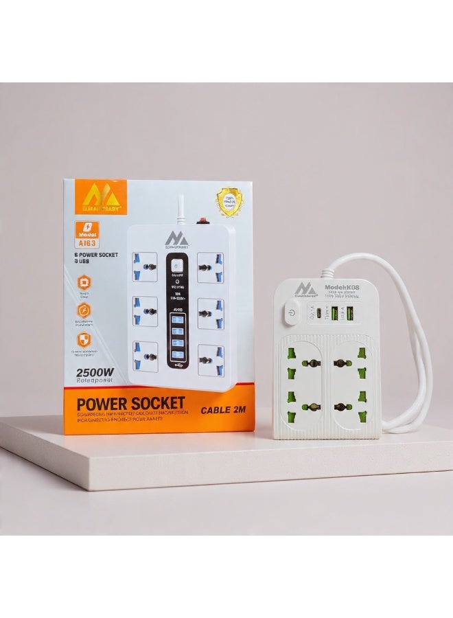 A163 6-Socket Power Strip with 4 USB & Fuse Protection – Multi-Device Charging & Power Hub