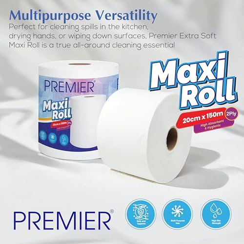 Premier 2 Ply Maxi Tissue Paper Roll- Pack of 1 | 750 pulls | Multipurpose Disposable Paper Napkins | 20 cms x 150 m | Soft, Gentle, Highly Absorbent & Hygienic Tissues - Image 3