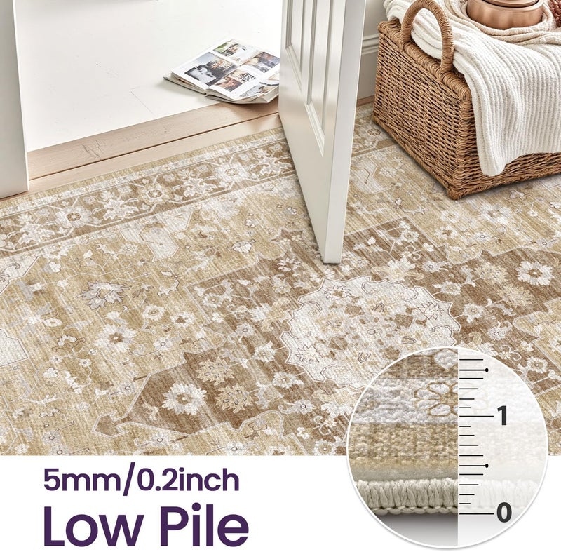 DEXI Area Rug for Living Room, 150x240 cm Washable Vintage Farmhouse Thin Rug Indoor Floor, Non Slip Stain Resistant Low Pile Big Carpet for Dining Room Bedroom Office, Beige - Image 3