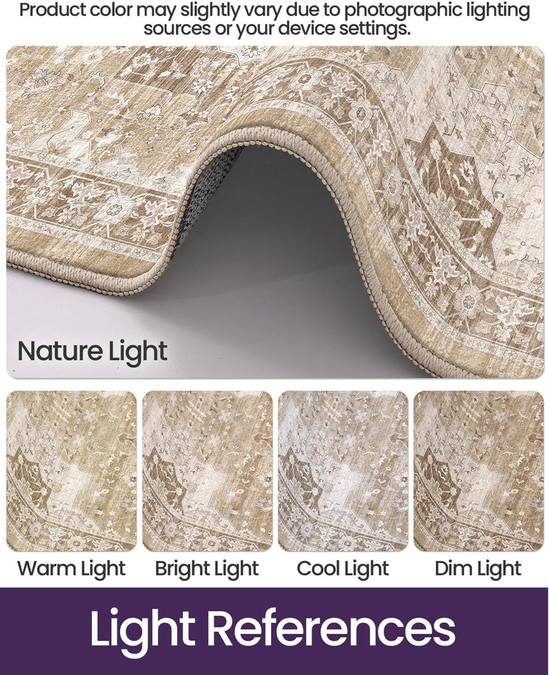 DEXI Area Rug for Living Room, 150x240 cm Washable Vintage Farmhouse Thin Rug Indoor Floor, Non Slip Stain Resistant Low Pile Big Carpet for Dining Room Bedroom Office, Beige - Image 5