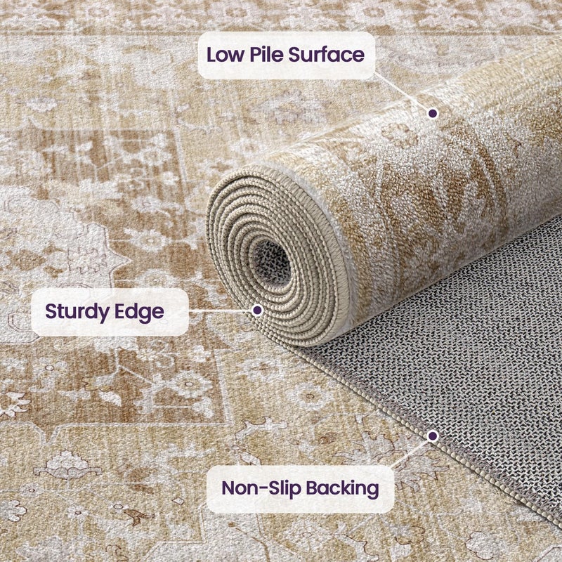 DEXI Area Rug for Living Room, 150x240 cm Washable Vintage Farmhouse Thin Rug Indoor Floor, Non Slip Stain Resistant Low Pile Big Carpet for Dining Room Bedroom Office, Beige - Image 4