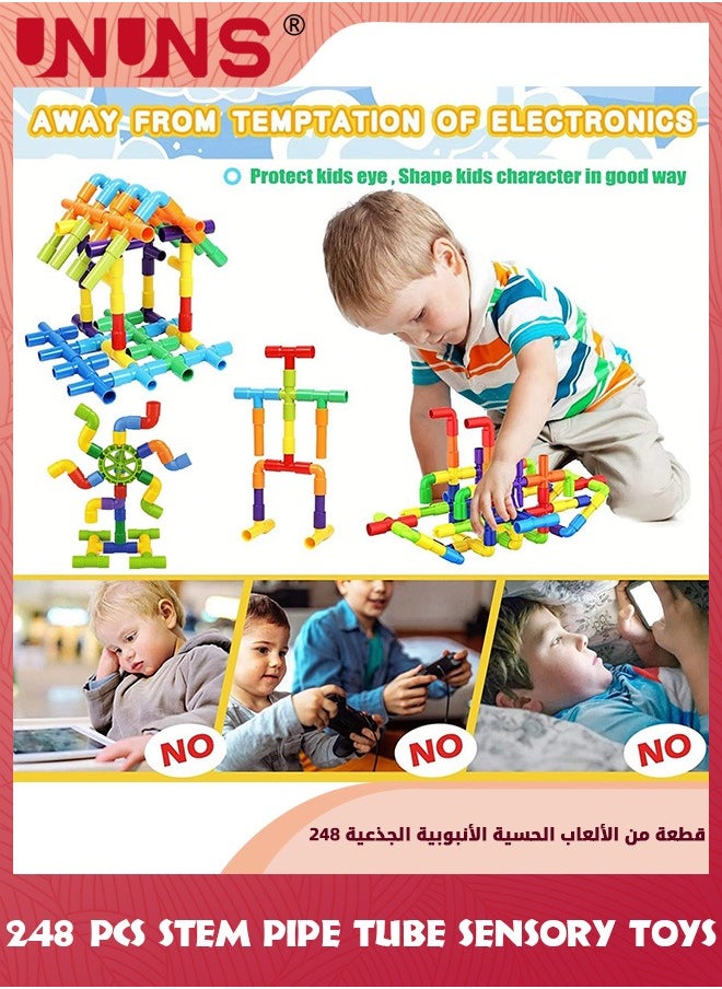 UNUNS - STEM Pipe Tube Toy,248 Pcs Building Block Toys For Kids,Pipe Tube Sensory Learning Toys With Storage Box,Creative Tube Locks Pipeworks Construction Set With Wheels Baseplate,Gift For Boys Girls 3+ - Image 1