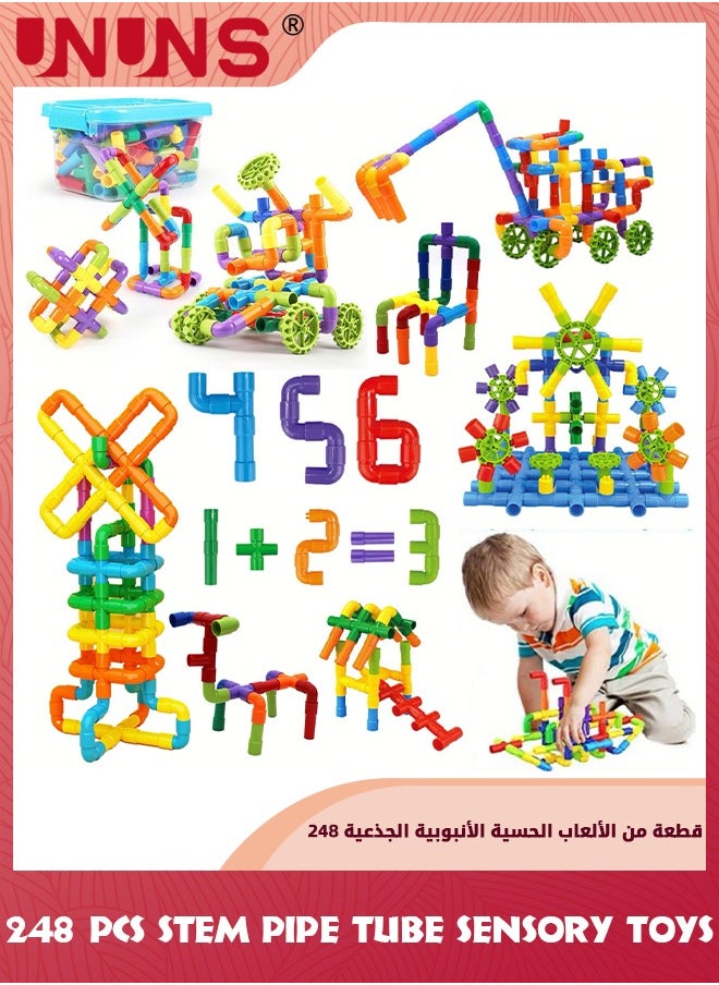 UNUNS - STEM Pipe Tube Toy,248 Pcs Building Block Toys For Kids,Pipe Tube Sensory Learning Toys With Storage Box,Creative Tube Locks Pipeworks Construction Set With Wheels Baseplate,Gift For Boys Girls 3+ - Image 1