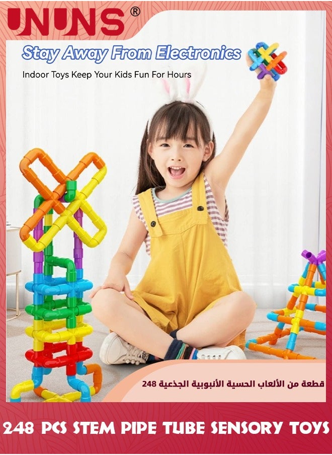 UNUNS - STEM Pipe Tube Toy,248 Pcs Building Block Toys For Kids,Pipe Tube Sensory Learning Toys With Storage Box,Creative Tube Locks Pipeworks Construction Set With Wheels Baseplate,Gift For Boys Girls 3+ - Image 1