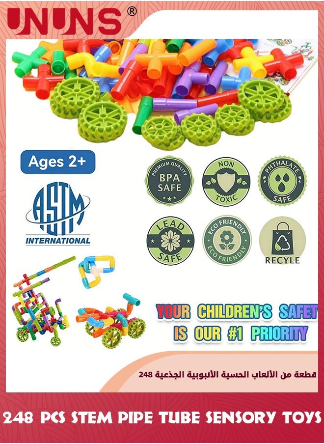 UNUNS - STEM Pipe Tube Toy,248 Pcs Building Block Toys For Kids,Pipe Tube Sensory Learning Toys With Storage Box,Creative Tube Locks Pipeworks Construction Set With Wheels Baseplate,Gift For Boys Girls 3+ - Image 1