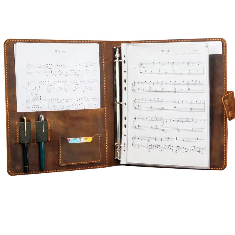 D&M leather studio Handmade Leather Sheet Music Binder,Personalized vintage leather music organizer cover,full grain leather concert choir music folder for band Z05-LMF05S, Brown - Image 1
