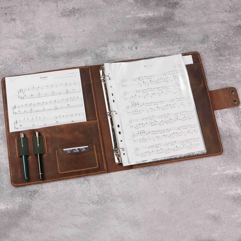 D&M leather studio Handmade Leather Sheet Music Binder,Personalized vintage leather music organizer cover,full grain leather concert choir music folder for band Z05-LMF05S, Brown - Image 2