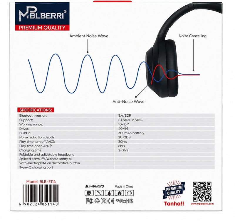 MPBLBERRI ANC Noise Cancelling Bluetooth Headphones – Wireless Over-Ear Headset with HiFi Stereo Sound, Deep Bass, Built-in Microphone & Comfortable Ear Cushions for Travel, Work & Music - Image 3