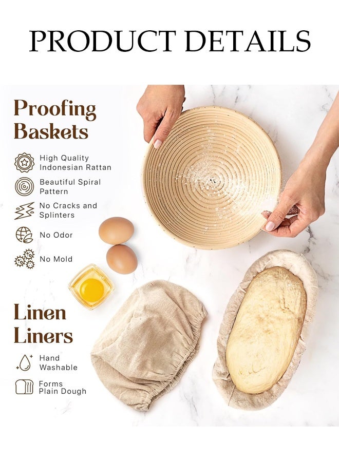 Bread Banneton Proofing Basket, 9 Inch Round & 10 Inch Oval Cane Natural Rattan Proofing Baskets with Bread Lame + Dough Scraper,Linen Liner - Image 4