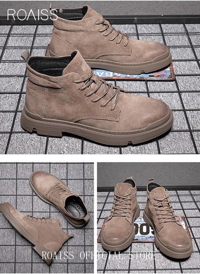 roaiss - Men’s Soft Leather Ankle Casual Loafers Lace-Up Anti Slip Walking Shoes Men's Tooling Style Martin Boots Men Casual Mid Top Leather Boots  Men's Boots Ankle Lace Up Casual Boots - Image 1