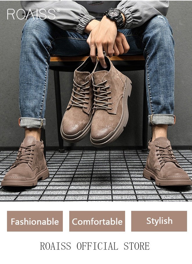 roaiss - Men’s Soft Leather Ankle Casual Loafers Lace-Up Anti Slip Walking Shoes Men's Tooling Style Martin Boots Men Casual Mid Top Leather Boots  Men's Boots Ankle Lace Up Casual Boots - Image 1