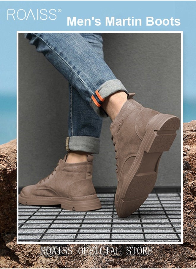 roaiss - Men’s Soft Leather Ankle Casual Loafers Lace-Up Anti Slip Walking Shoes Men's Tooling Style Martin Boots Men Casual Mid Top Leather Boots  Men's Boots Ankle Lace Up Casual Boots - Image 1