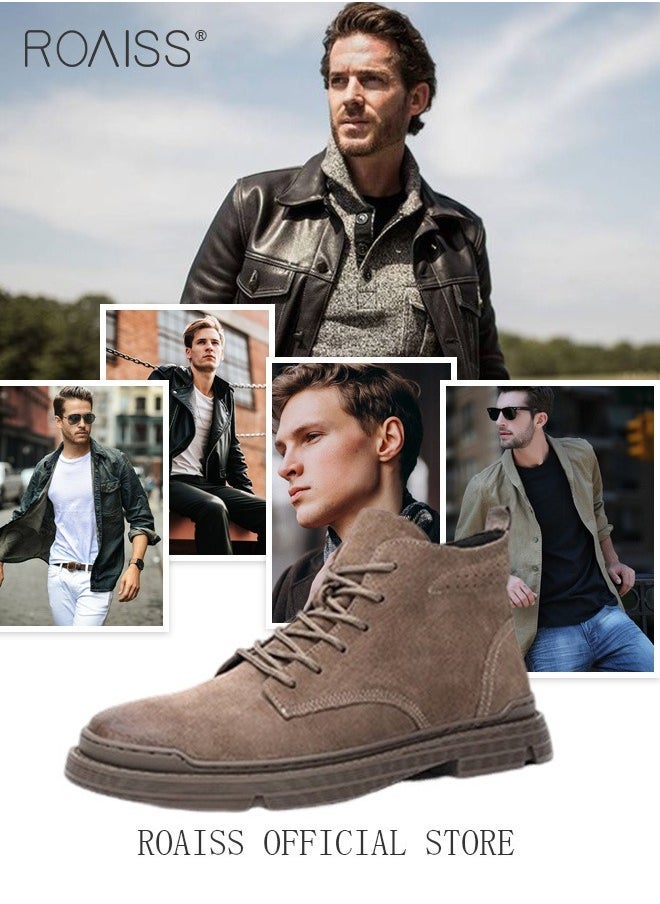 roaiss - Men’s Soft Leather Ankle Casual Loafers Lace-Up Anti Slip Walking Shoes Men's Tooling Style Martin Boots Men Casual Mid Top Leather Boots  Men's Boots Ankle Lace Up Casual Boots - Image 1