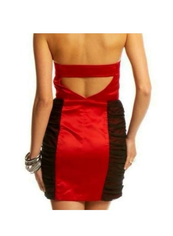 Women strapless satin party soiree occassion red & black dress  - Image 2