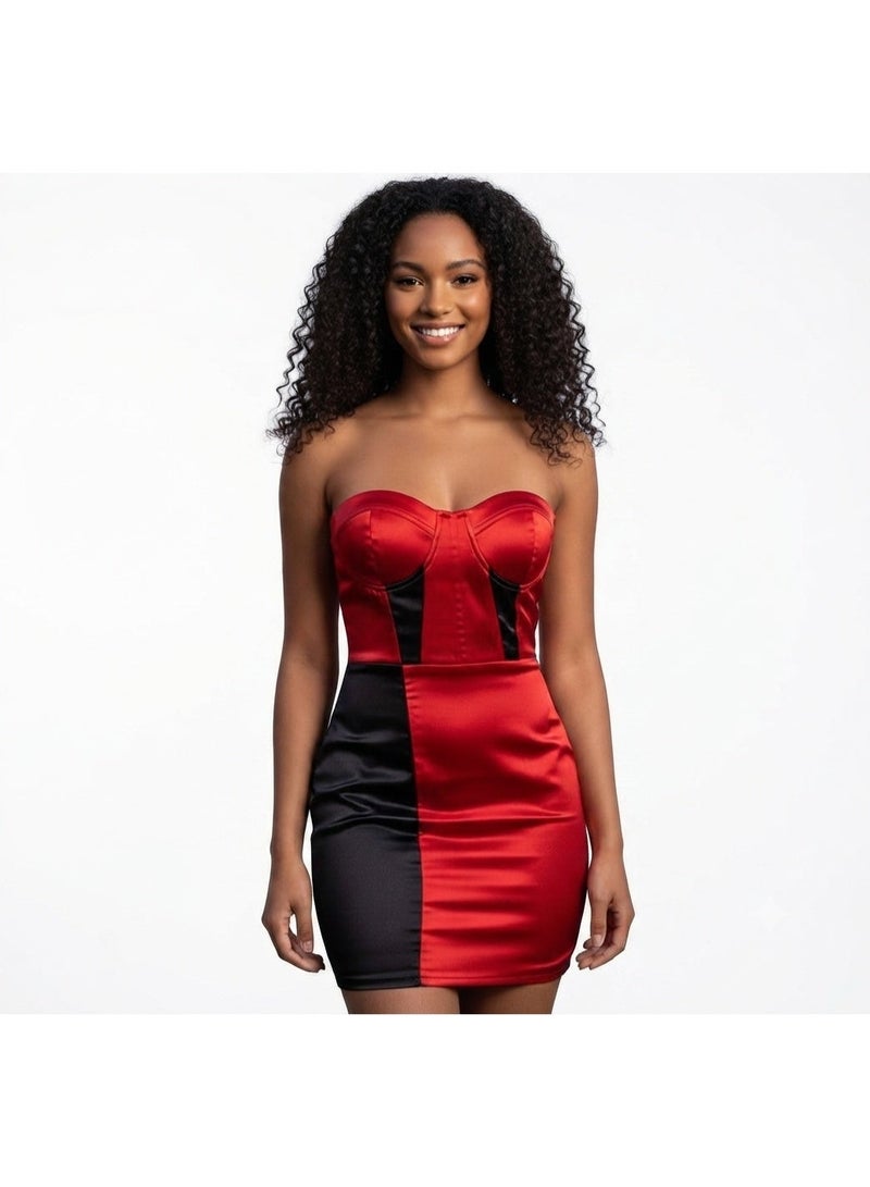 Women strapless satin party soiree occassion red & black dress
