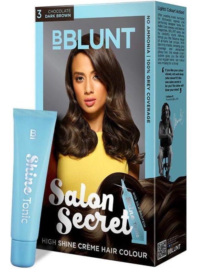 BBLUNT Salon Secret High Shine Crème Hair Colour, Chocolate Dark Brown 3 | With Shine Tonic | No Ammonia | 100% Grey Coverage | Lasts Up to 8 Weeks | Enriched with Silk Proteins & Pro-Vitamin B5 - Image 1