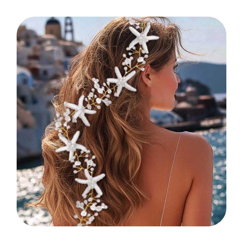 Unicra Starfish Bride Wedding Hair Vine Pearl Bridal Headband Headpiece Beach Wedding Hair Accessories for Women and Girls Gold