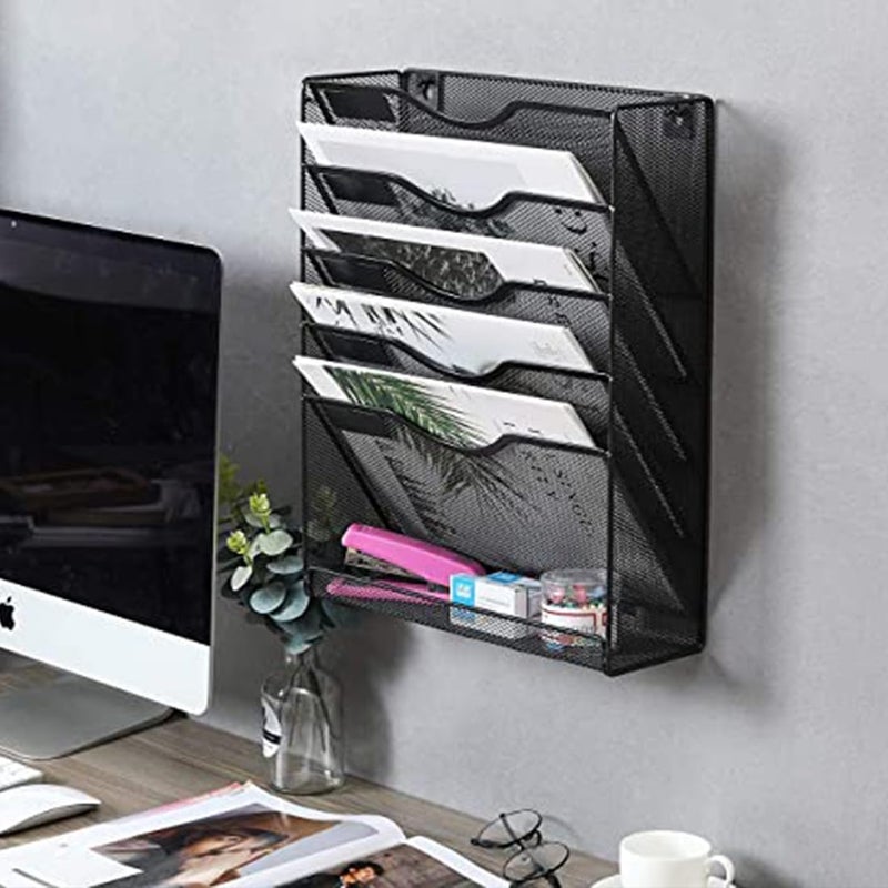 DivineXt Mesh File Organizer 5 Tier Black Wall Mount Hanging File Organizer | 12.75 x 4.25 x 16 inches | Black - Image 5