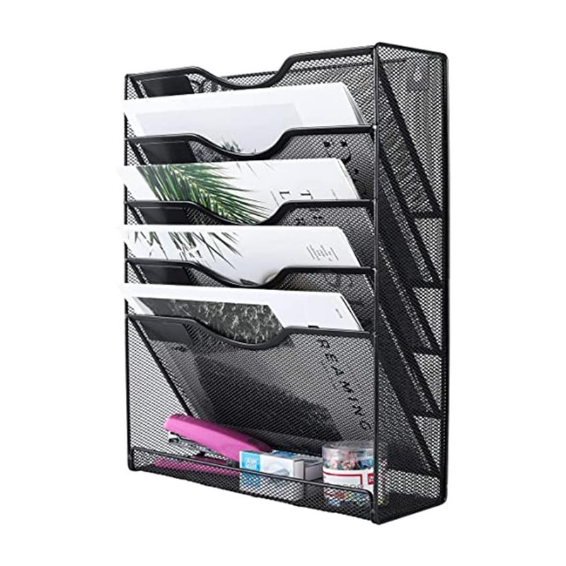 DivineXt Mesh File Organizer 5 Tier Black Wall Mount Hanging File Organizer | 12.75 x 4.25 x 16 inches | Black - Image 1