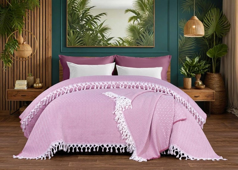 Coverlet Soft Cotton Modern Zigzag Pattern With Decorative Tassels Soft Bedspread, Size 240 * 260 cm 1 Piece (Cashmere)