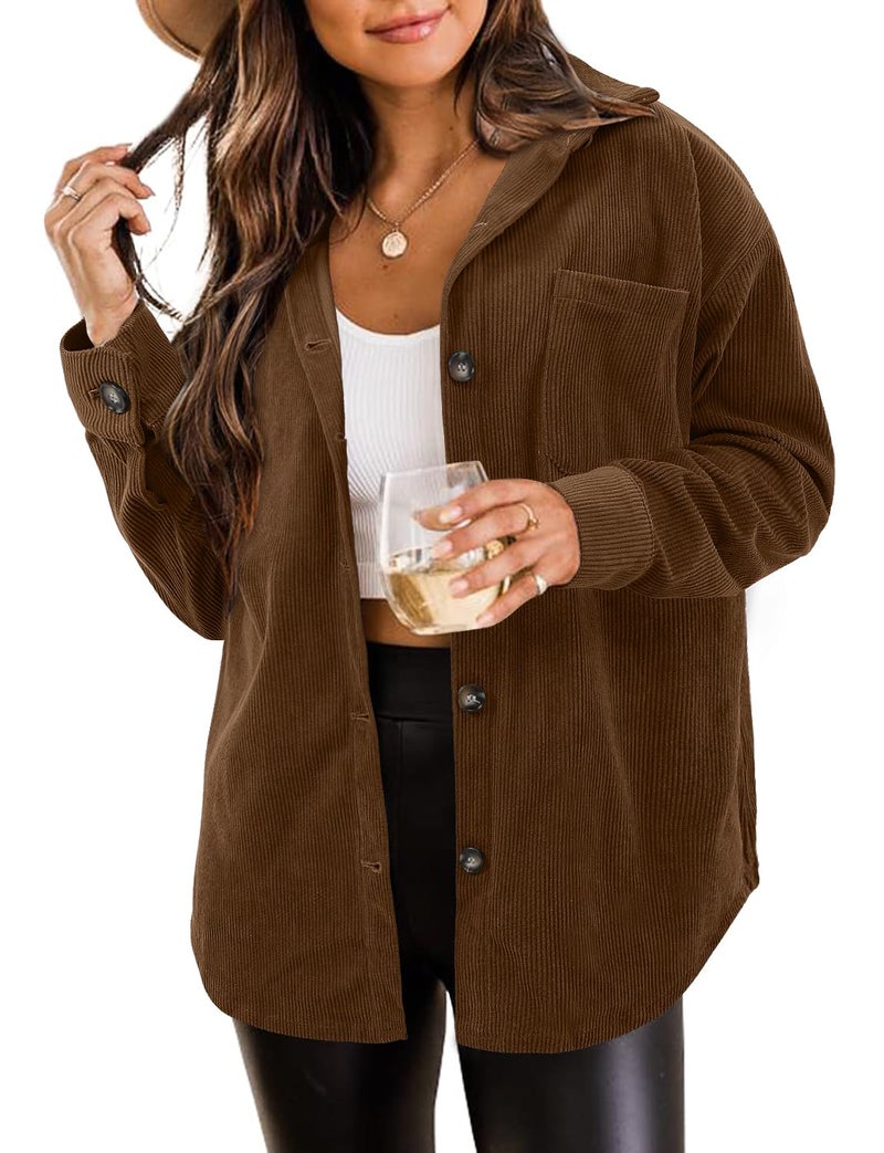 ZOLUCKY Women's Shacket Jacket Casual Long Sleeve Button Down Shirts Oversized Boyfriend Shirts Cream Shacket, Brown Large - Image 1