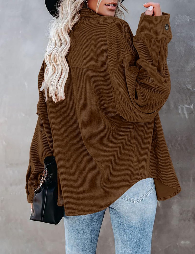 ZOLUCKY Women's Shacket Jacket Casual Long Sleeve Button Down Shirts Oversized Boyfriend Shirts Cream Shacket, Brown Large - Image 4