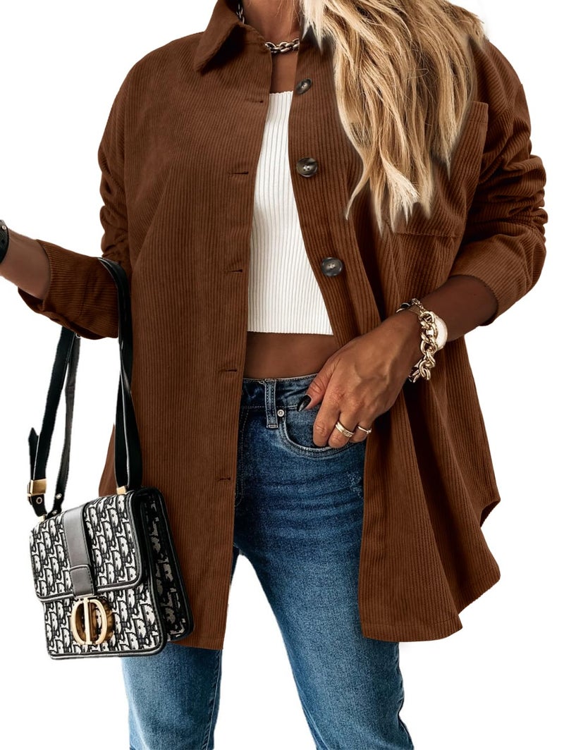 ZOLUCKY Women's Shacket Jacket Casual Long Sleeve Button Down Shirts Oversized Boyfriend Shirts Cream Shacket, Brown Large - Image 2