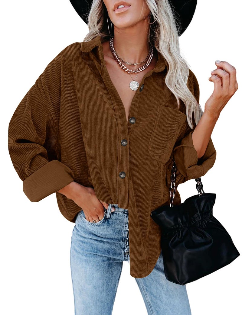 ZOLUCKY Women's Shacket Jacket Casual Long Sleeve Button Down Shirts Oversized Boyfriend Shirts Cream Shacket, Brown Large - Image 3