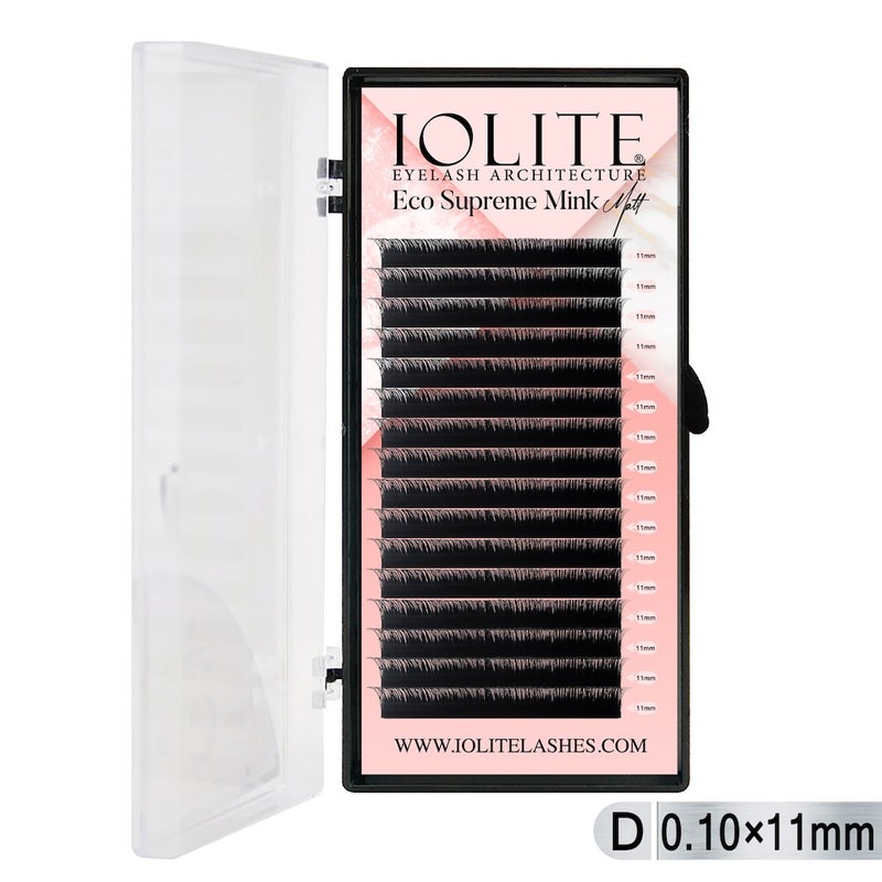Iolite Eco Supreme Mink Matt Lash Extension Tray D – Curl – 0.10T (6mm–15mm) – Matt Finish, Premium Eco-Friendly Eyelashes for Lash Artists ISMMD10T - 11MM
