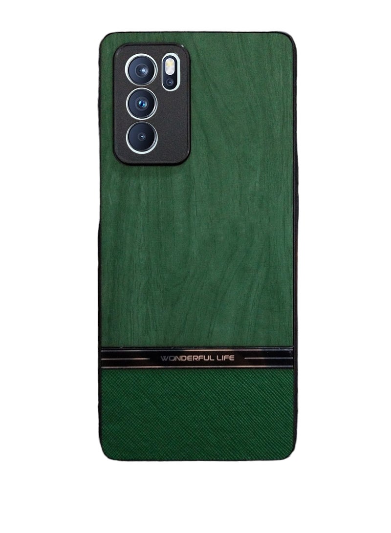 Geneaire Shockproof Wood Grain Skin PU and TPU Shockproof Luxury Phone Case for Reno 6 Pro green