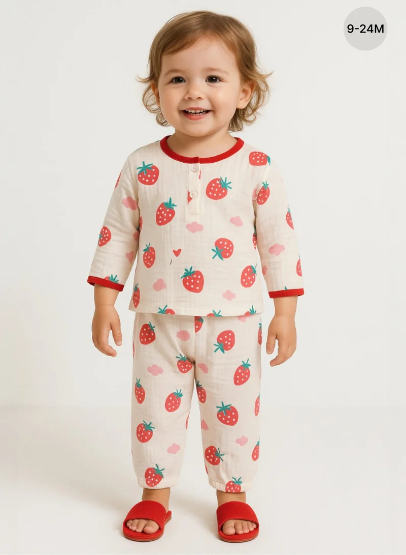victor and jane Baby Girls Muslin Cotton Pyjama Set – Pink Strawberry Print