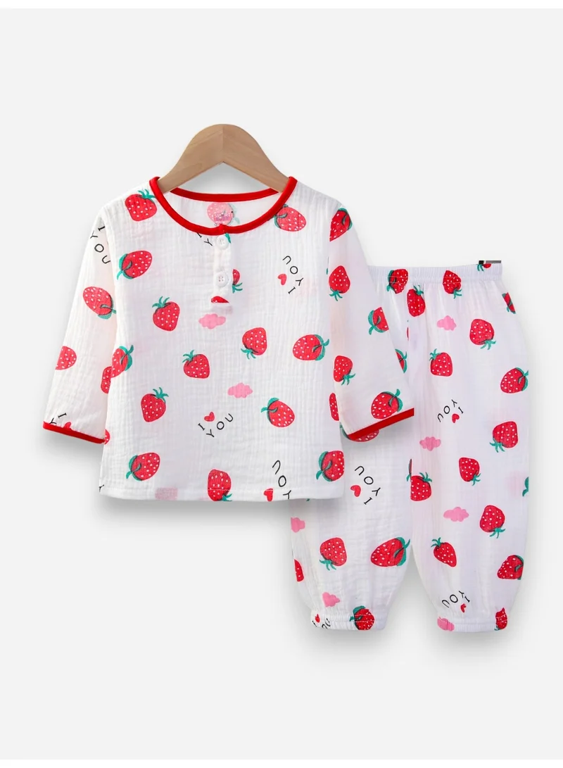 Victor And Jane  Baby Girls Muslin Cotton Pyjama Set – Pink Strawberry Print for Women | Best Price UAE