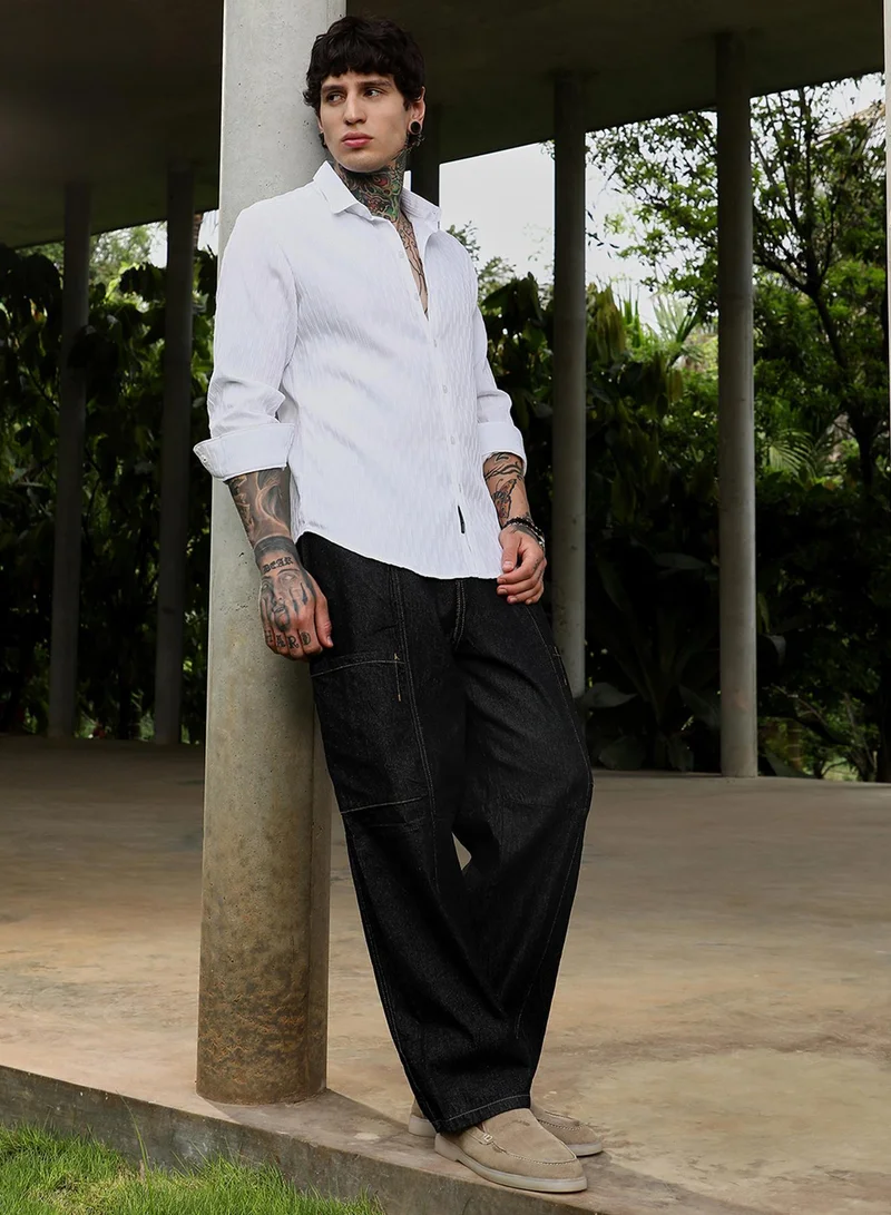 Campus Sutra Campus Sutra Men's Chalk White Ruche-Tactile Shirt For Casual Wear | Spread Collar | Long Cuffed Sleeves | Button Closure | Shirt Crafted With Comfort Fit For Everyday Wear