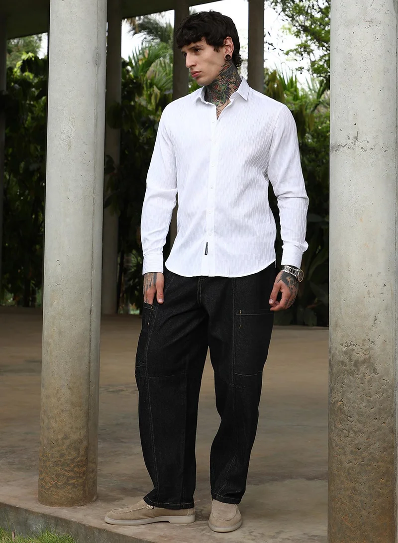 Campus Sutra Campus Sutra Men's Chalk White Ruche-Tactile Shirt For Casual Wear | Spread Collar | Long Cuffed Sleeves | Button Closure | Shirt Crafted With Comfort Fit For Everyday Wear